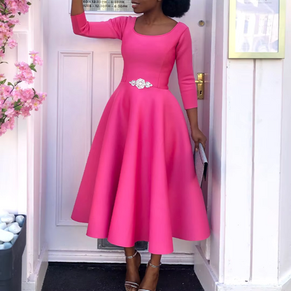 Robe Midi à Encolure Ronde avec Coupe A-Ligne et Manches Trois-Quarts pour Femme | Idéale pour Événements et Usage Quotidien