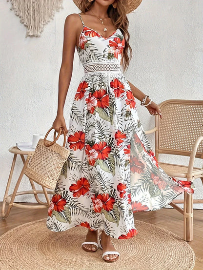 Robe Longue À Fines Bretelles Avec Imprimé Floral Et Fente Latérale Pour Femmes | Idéal Pour Été Et Vacances