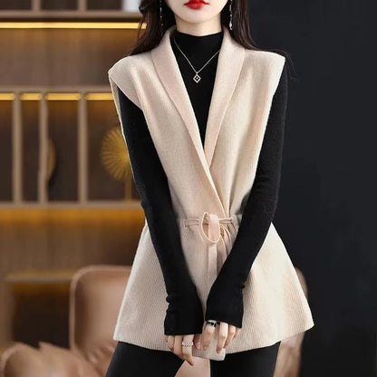 Gilet sans manches à col V en maille côtelée avec ceinture à nouer pour femme | Idéal pour l’automne