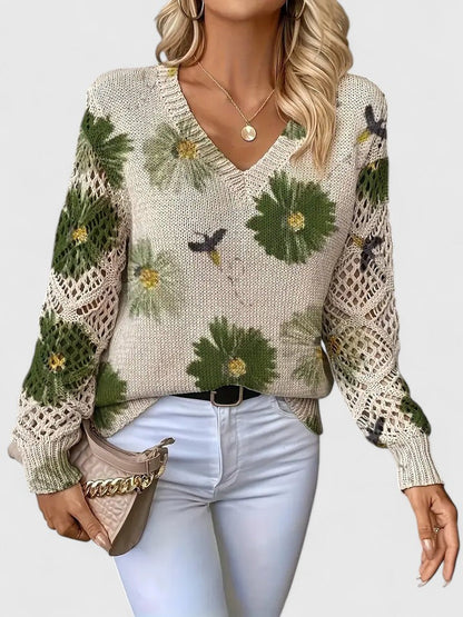 Pull À Motif Floral Avec Col En V Et Manches Longues Pour Femmes | Idéal Pour Le Quotidien