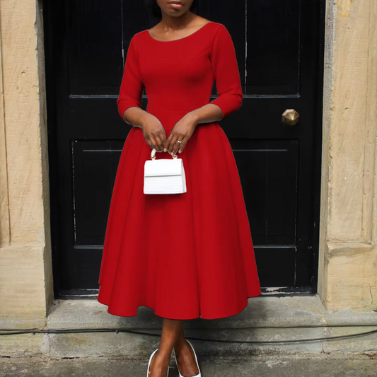 Robe Midi à Encolure Ronde avec Coupe A-Ligne et Manches Trois-Quarts pour Femme | Idéale pour Événements et Usage Quotidien