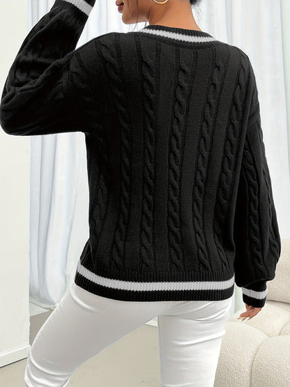 Pull à Manches Longues avec Motif Torsadé et Col V pour Femmes | Idéal pour l’Hiver et l’Automne