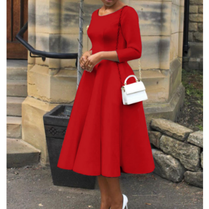 Robe Midi à Encolure Ronde avec Coupe A-Ligne et Manches Trois-Quarts pour Femme | Idéale pour Événements et Usage Quotidien