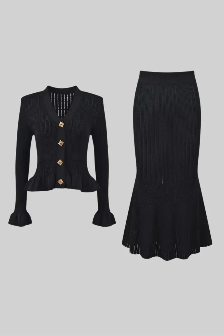 Ensemble Deux Pièces avec Cardigan à Col en V et Jupe Longue Évasée pour Femmes | Idéal pour Tenues de Travail ou Sorties