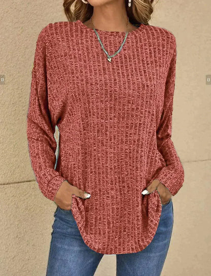 Pull En Maille Côtelée Avec Ourlet Arrondi Et Poches Latérales Pour Femme | Idéal Pour La Superposition