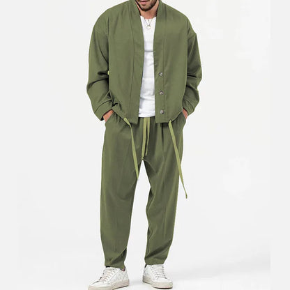 Ensemble Deux Pièces pour Homme avec Haut Boutonné et Pantalon à Taille Élastique | Idéal pour la Mi-Saison