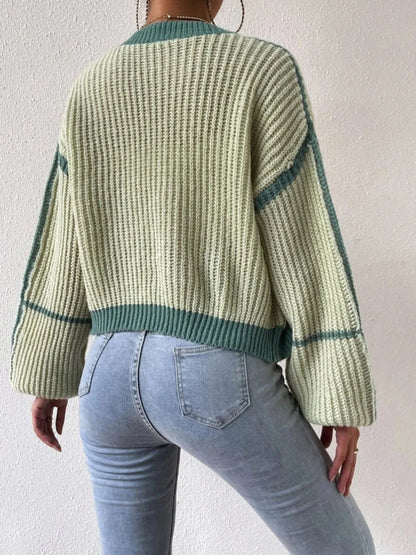 Cardigan court à bandes contrastées et manches longues pour femme | Idéal pour l’automne et les occasions décontractées