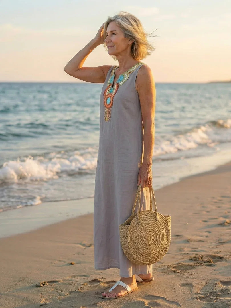 Robe Maxi Sans Manches À Encolure Fendue Avec Détail Décoratif Pour Femme | Idéale Pour L'été