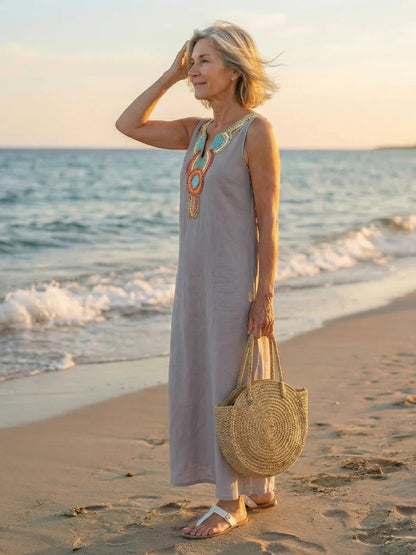 Robe Maxi Sans Manches À Encolure Fendue Avec Détail Décoratif Pour Femme | Idéale Pour L'été