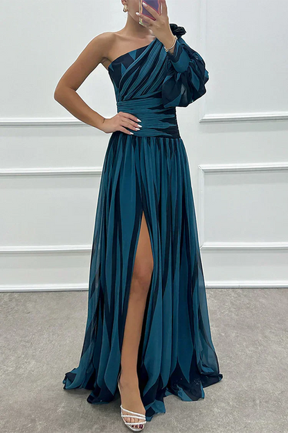 Robe Maxi One-Shoulder Rayée Avec Jupe Plissée Pour Femme | Idéale Pour L'Été