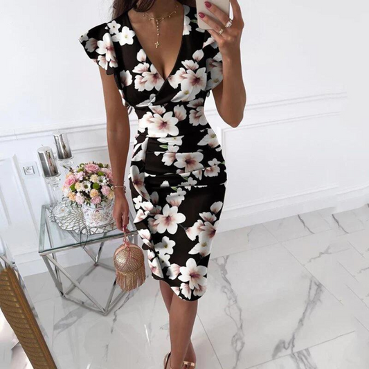 Robe Midi Moulante à Imprimé Floral avec Col V pour Femme | Idéale pour Occasions Quotidiennes et Événements