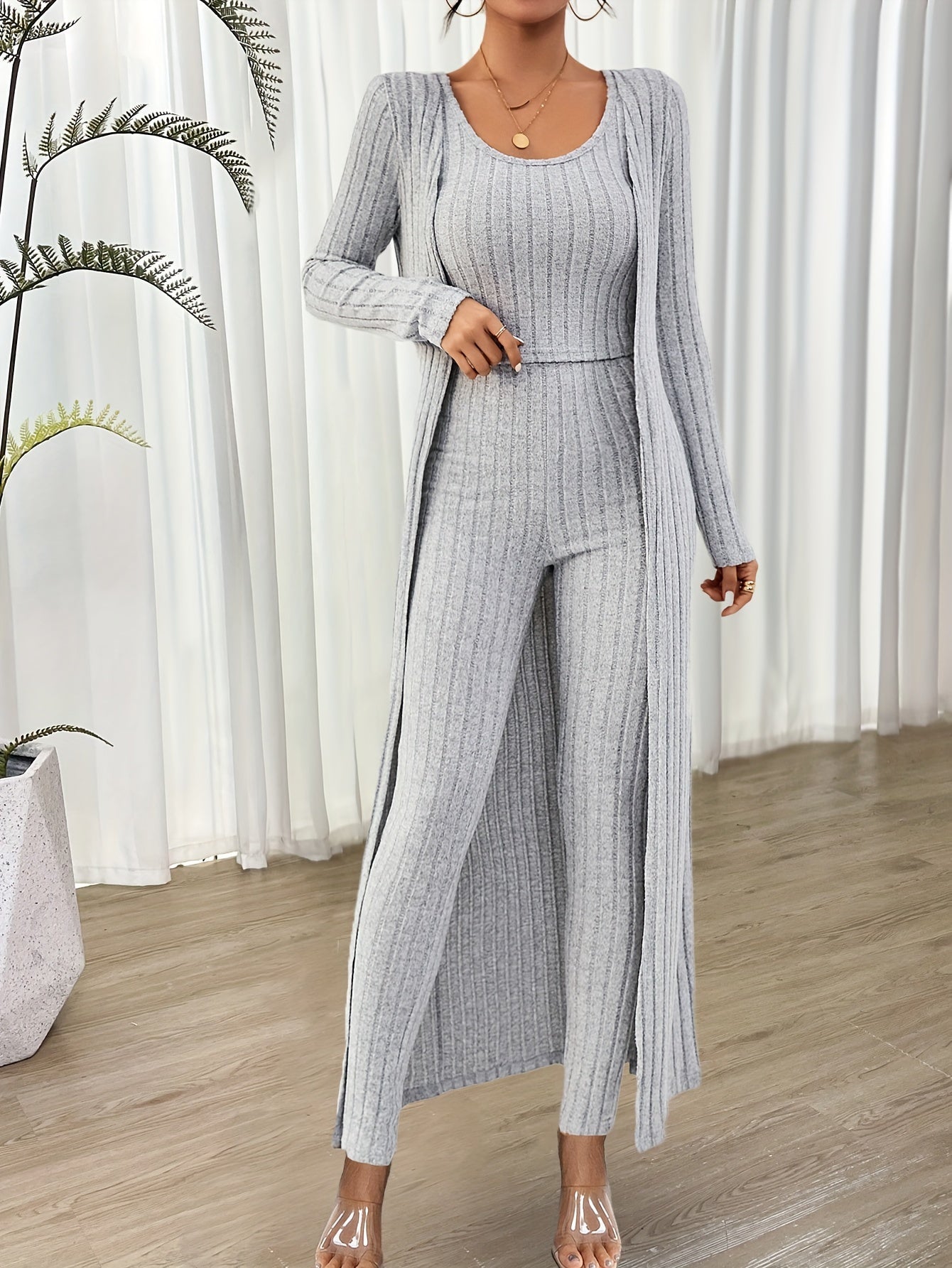 Ensemble Loungewear Trois Pièces avec Cardigan Long pour Femmes | Idéal pour la Maison