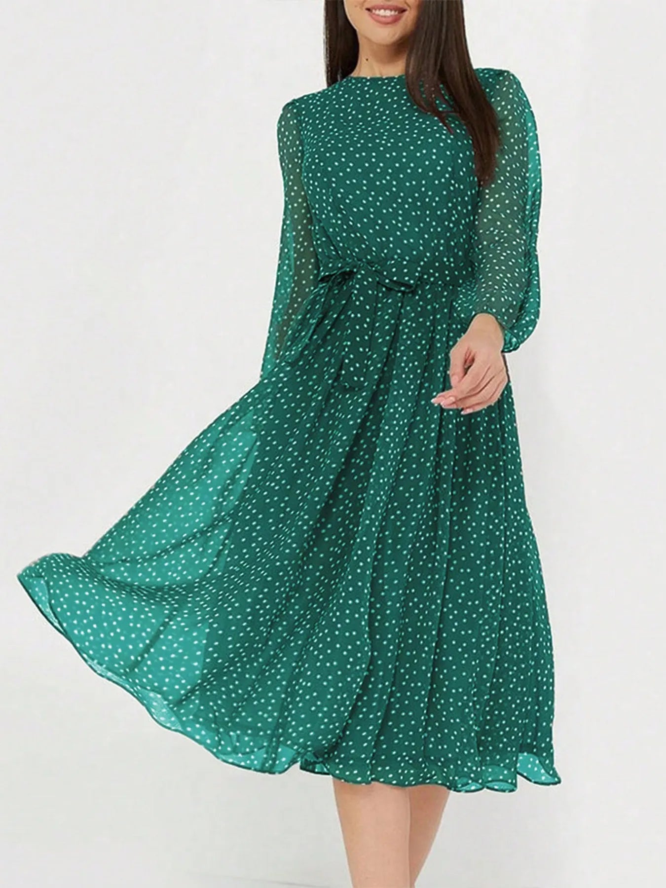 Robe Midi À Pois Avec Col Rond Et Manches Longues Pour Femme | Idéale Pour Le Jour Et La Soirée