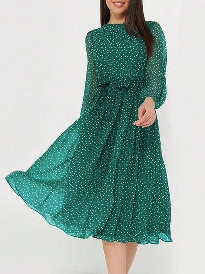 Robe Midi À Pois Avec Col Rond Et Manches Longues Pour Femme | Idéale Pour Le Jour Et La Soirée