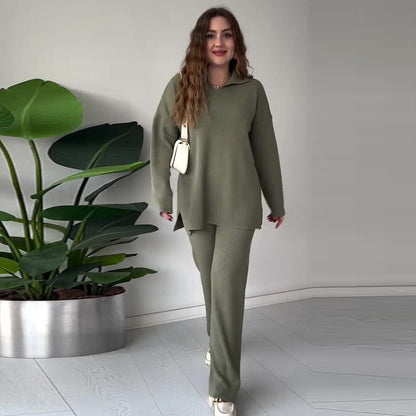 Ensemble Lounge Avec Texture Côtelée Et Pantalon À Jambe Large Pour Femmes | Idéal Pour Un Usage Quotidien