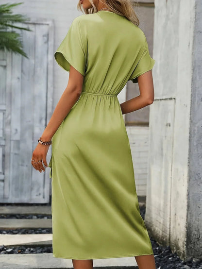 Robe Midi Portefeuille avec Décolleté en V et Manches Courtes à Volants pour Femme | Idéale pour le Quotidien et les Sorties