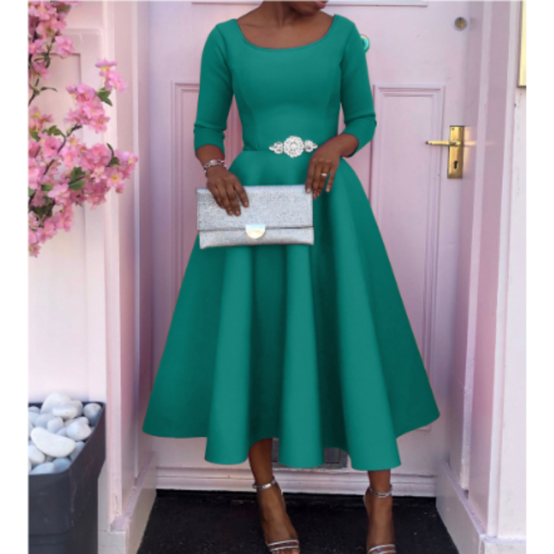 Robe Midi à Encolure Ronde avec Coupe A-Ligne et Manches Trois-Quarts pour Femme | Idéale pour Événements et Usage Quotidien