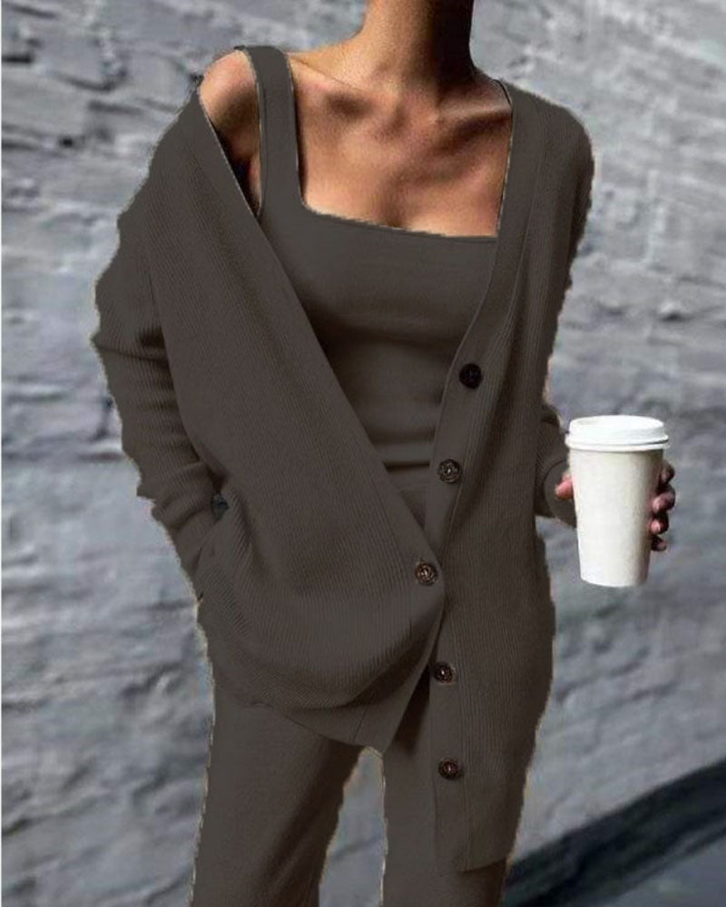 Ensemble Trois Pièces en Maille Côtelée avec Cardigan Long pour Femme | Idéal pour la Mi-Saison