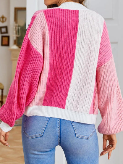 Cardigan à panneaux de couleurs contrastées et manches bouffantes pour femme | Idéal pour l’automne et les occasions décontractées