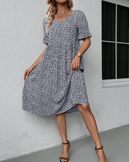 Robe Midi À Motif Floral Avec Col Rond Et Manches Courtes Pour Femme | Idéale Pour Le Jour Et La Soirée