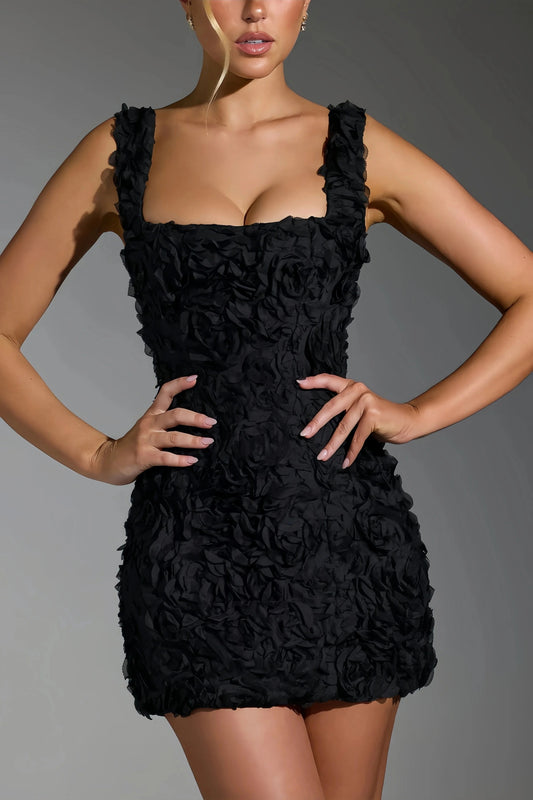 Robe Mini Noire Dos Nu avec Motif Floral 3D pour Femme | Idéale pour les Sorties et Événements Festifs