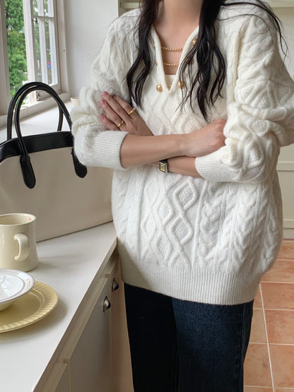 Pull À Manches Longues Avec Maille Torsadée Et Col Boutonné Pour Femmes | Idéal Pour Tenues Quotidiennes