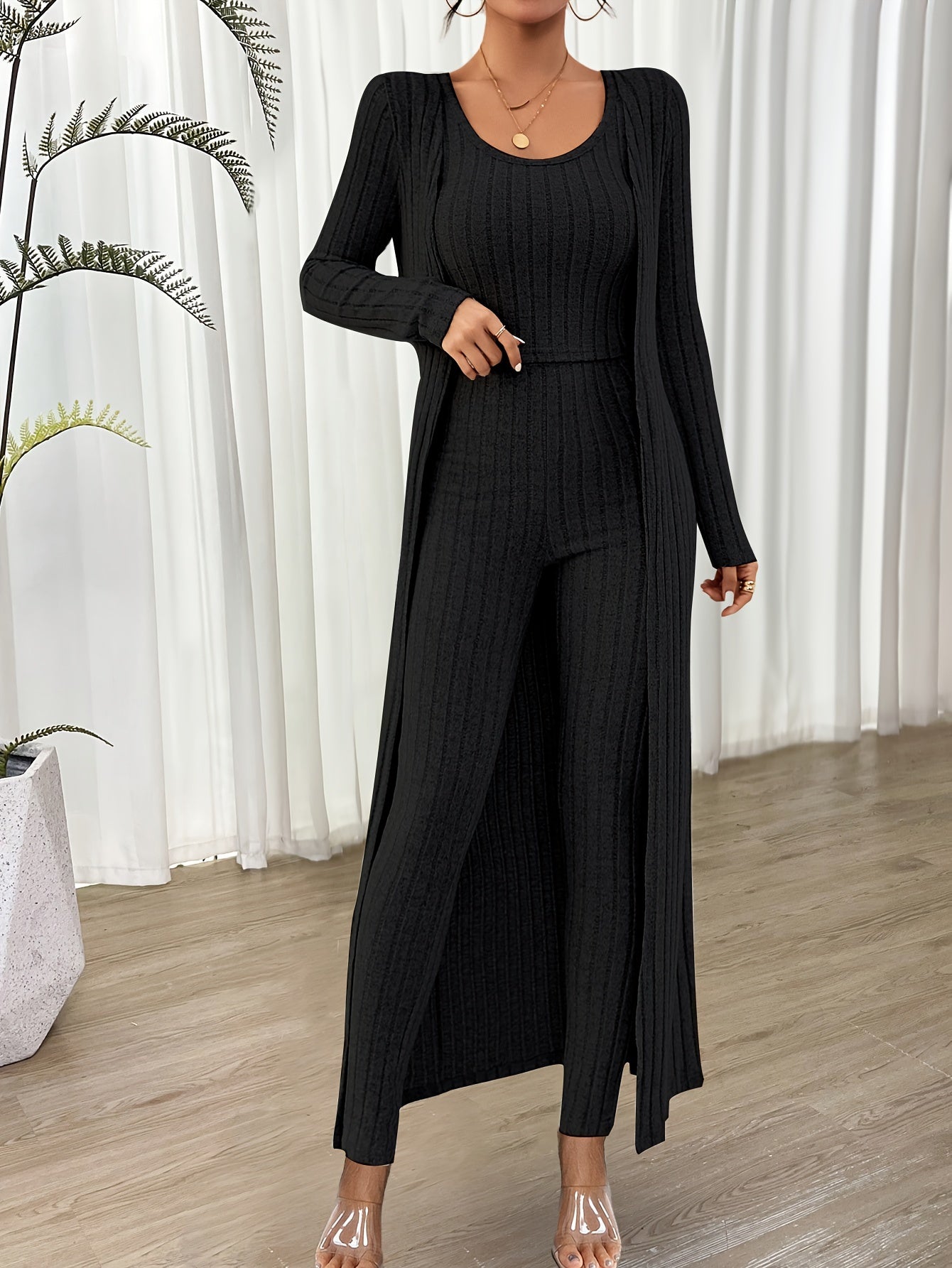 Ensemble Loungewear Trois Pièces avec Cardigan Long pour Femmes | Idéal pour la Maison
