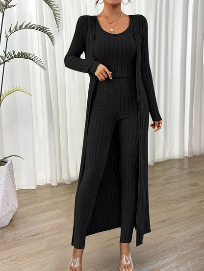 Ensemble Loungewear Trois Pièces avec Cardigan Long pour Femmes | Idéal pour la Maison