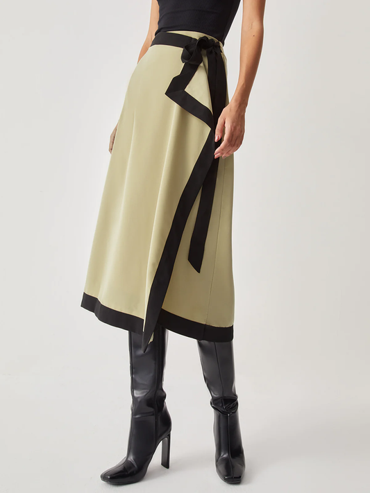 Jupe Portefeuille Midi Bicolore Avec Taille Ajustable À Nouer Pour Femme | Idéale Pour Travail Et Soirée