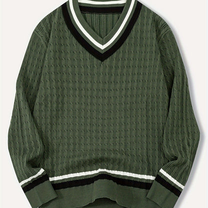 Pull-Over Homme à Col V Rayé et Maille Structurée | Idéal pour la Mi-Saison