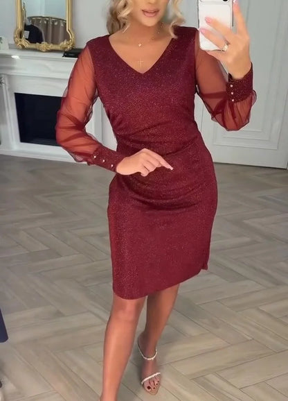 Robe Midi Patchwork À Col V Et Manches Longues Pour Femme | Idéal Pour Usage Quotidien Et Occasions