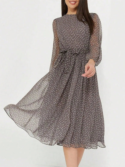 Robe Midi À Pois Avec Col Rond Et Manches Longues Pour Femme | Idéale Pour Le Jour Et La Soirée