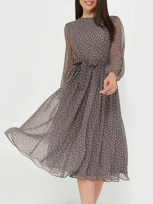Robe Midi À Pois Avec Col Rond Et Manches Longues Pour Femme | Idéale Pour Le Jour Et La Soirée
