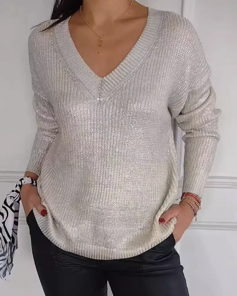 Pull En Maille Avec Col En V Et Finition Métallisée Pour Femme | Idéal Pour Toutes Les Saisons