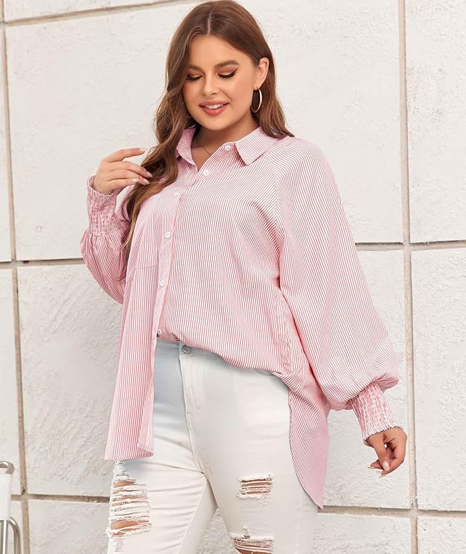 Chemise Mi-Longue Avec Col À Revers Rayé Et Manches Oversize Resserées Pour Femme | Idéale Pour Le Printemps Et L’Été