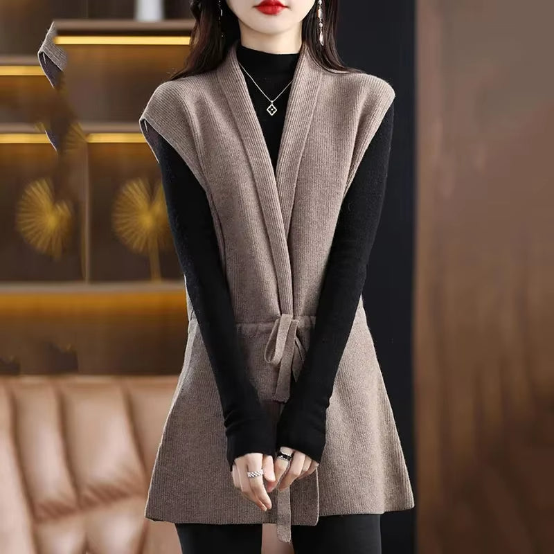 Gilet sans manches à col V en maille côtelée avec ceinture à nouer pour femme | Idéal pour l’automne