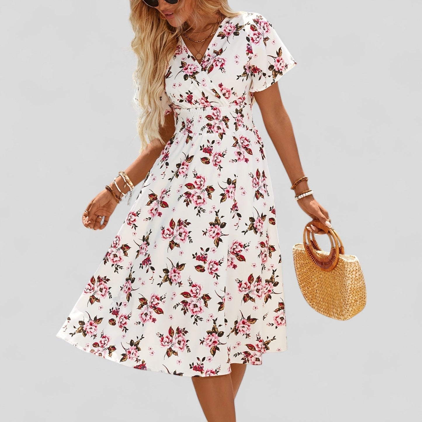 Robe Midi à Encolure en V et Coupe A-ligne pour Femme | Idéale pour Usage Quotidien et Été