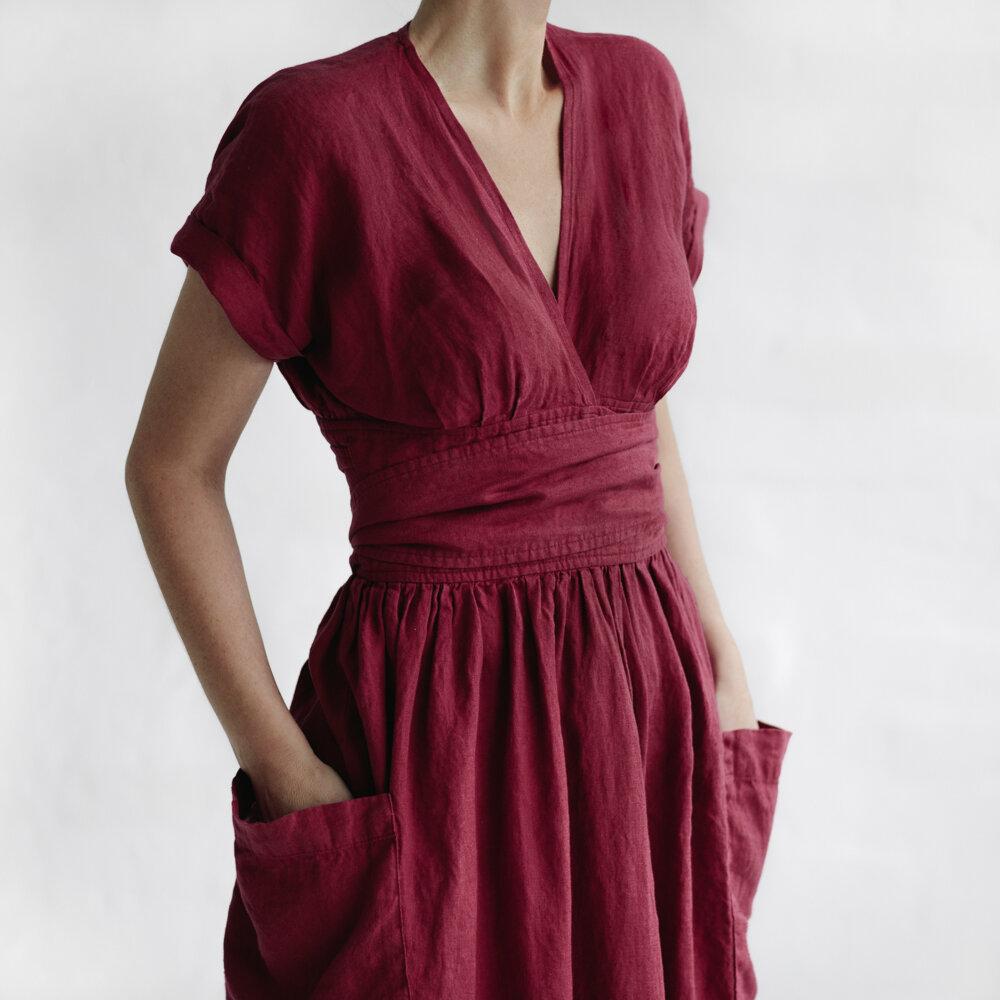 Robe Portefeuille En Lin Avec Ceinture Ajustable Et Manches Courtes Pour Femmes | Adaptée Aux Tenues Quotidiennes