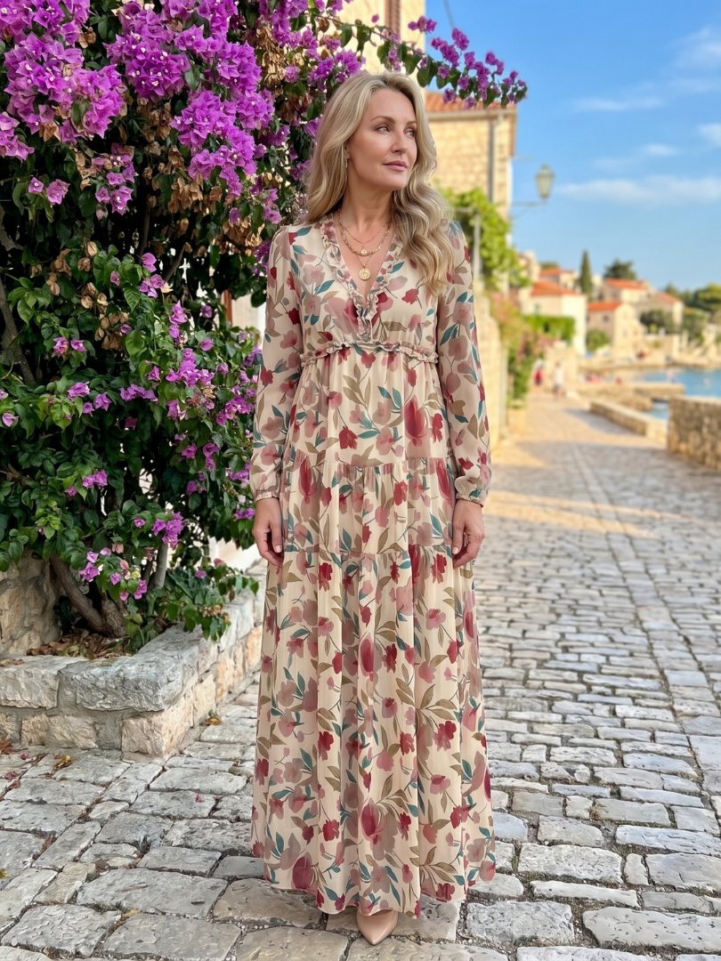 Robe longue imprimée à volants pour femmes