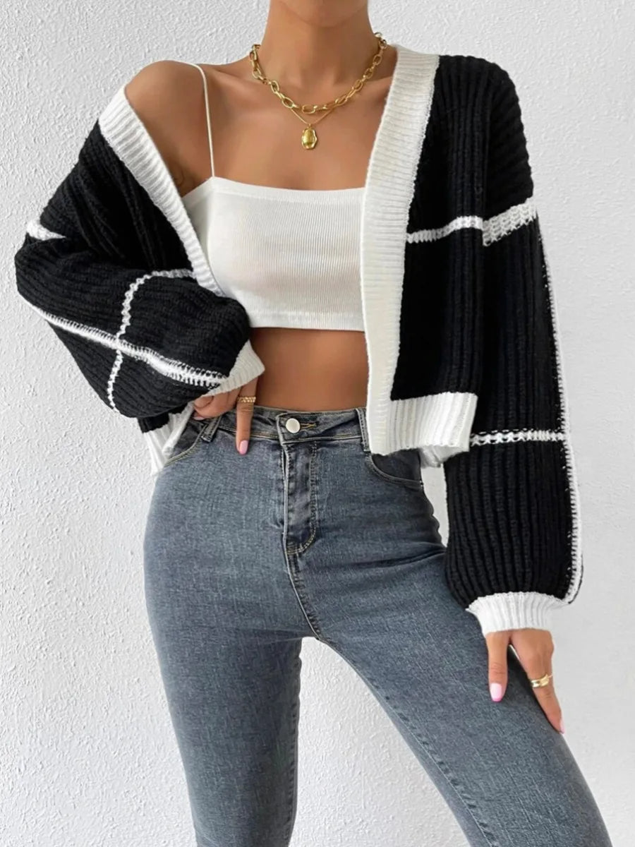 Cardigan court à bandes contrastées et manches longues pour femme | Idéal pour l’automne et les occasions décontractées