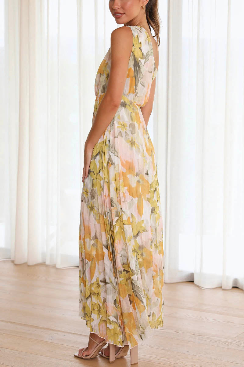 Robe Longue Asymétrique Plissée Avec Imprimé Floral Pour Femmes | Idéal Pour Cérémonies Et Événements D’été