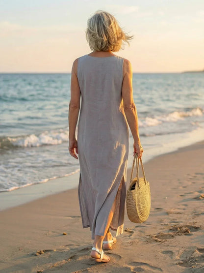 Robe Maxi Sans Manches À Encolure Fendue Avec Détail Décoratif Pour Femme | Idéale Pour L'été