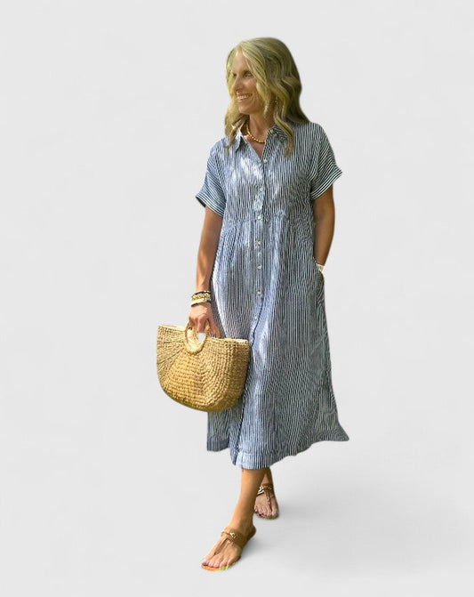 Robe Chemise Midi à Rayures avec Coupe Décontractée pour Femme | Idéale pour Usage Quotidien et Loisirs