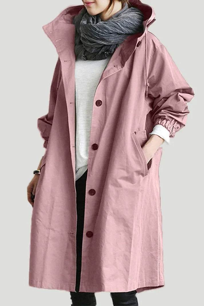 Trench Long à Capuche avec Fermeture Boutonnée pour Femme | Idéal pour les Jours de Pluie