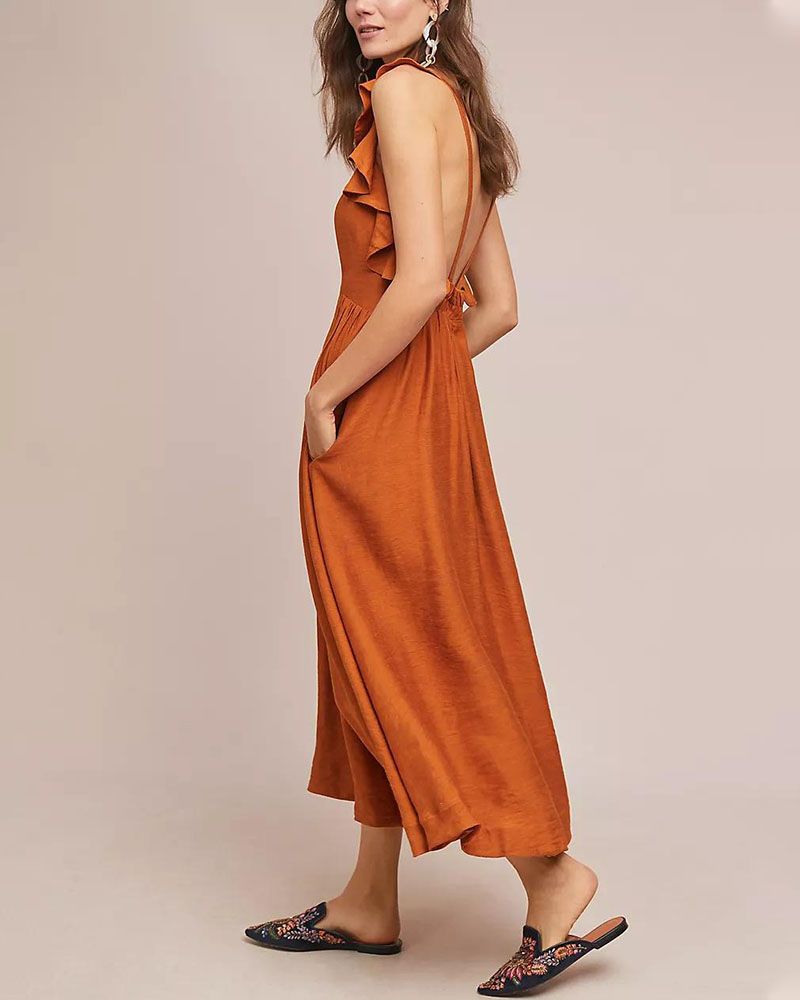 Robe Midi Sans Manches Avec Volants Aux Épaules Pour Femme | Idéal Pour Bureau Et Occasions