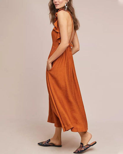 Robe Midi Sans Manches Avec Volants Aux Épaules Pour Femme | Idéal Pour Bureau Et Occasions