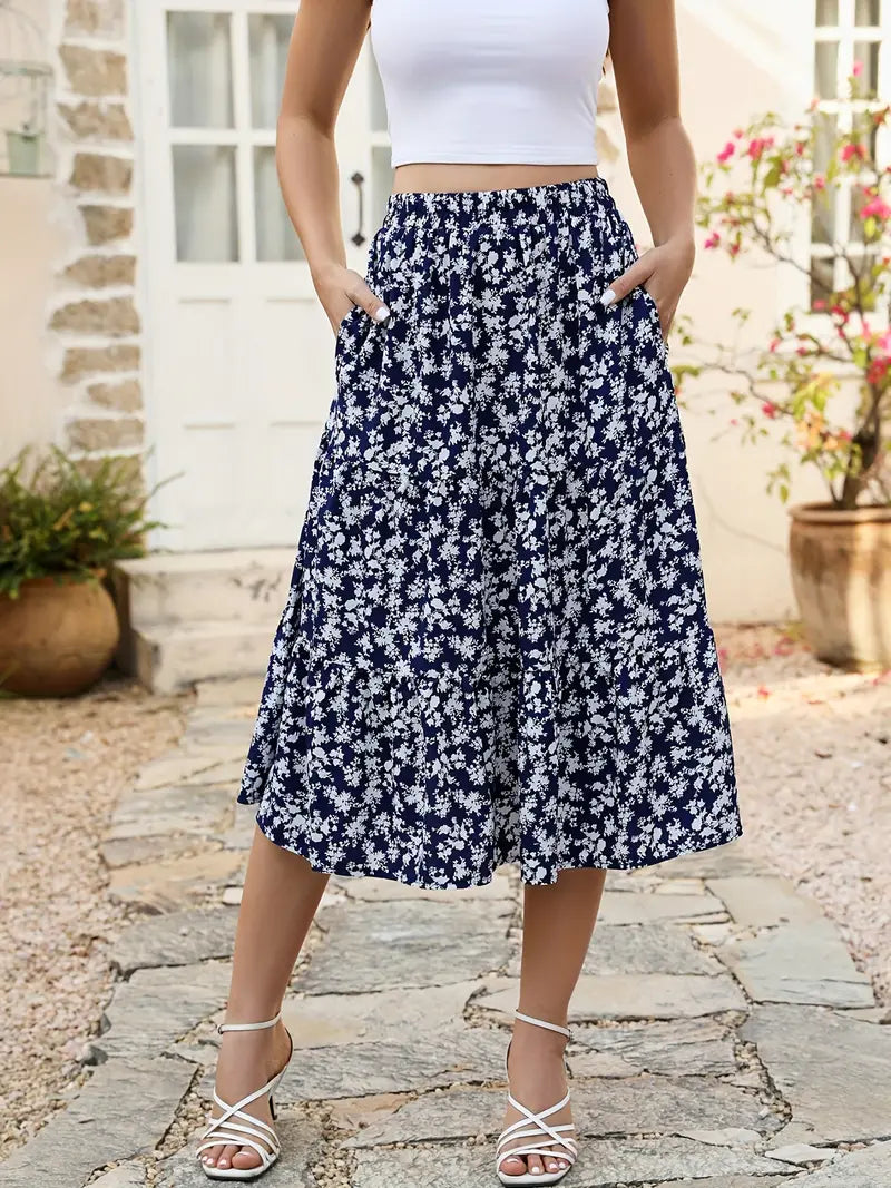 Jupe Évasée à Imprimé Floral avec Poches pour Femme | Idéale pour le Printemps et l'Été