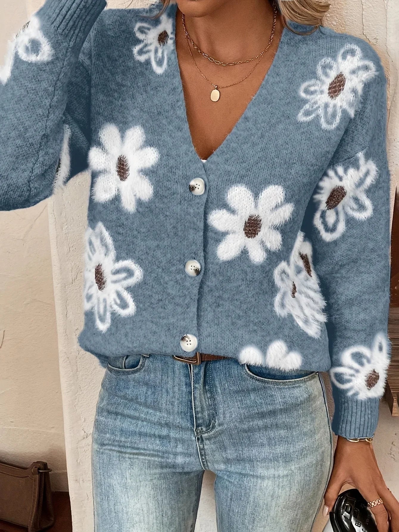 Cardigan à Motifs Floraux avec Col en V et Boutons pour Femmes | Idéal pour Tenues Décontractées