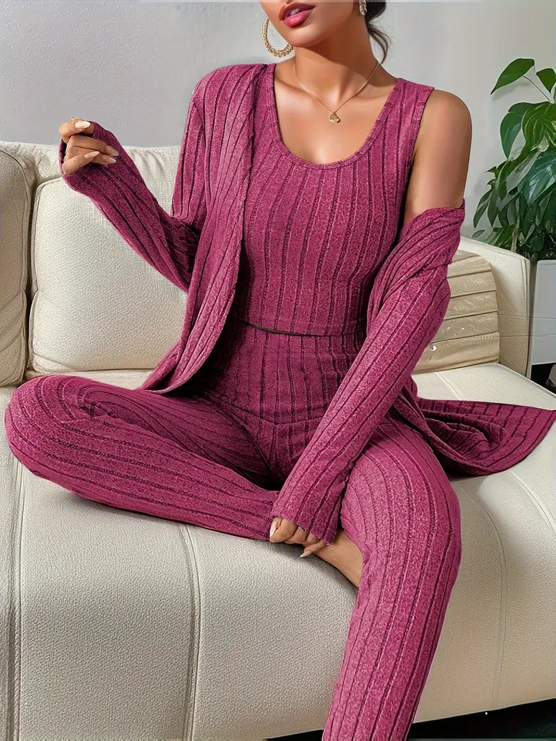 Ensemble Loungewear Trois Pièces avec Cardigan Long pour Femmes | Idéal pour la Maison