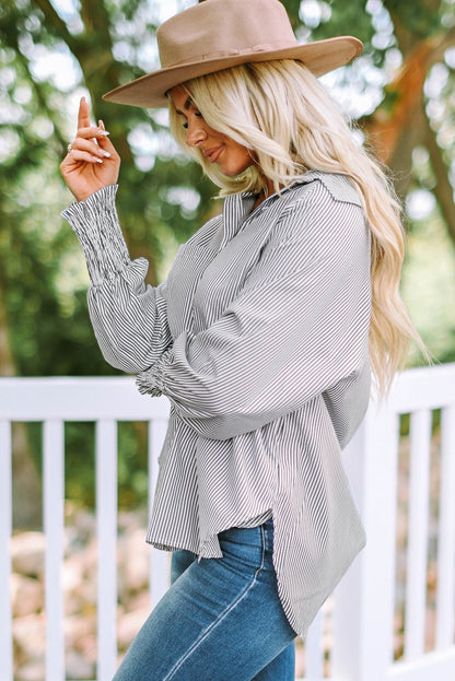 Chemise Mi-Longue Avec Col À Revers Rayé Et Manches Oversize Resserées Pour Femme | Idéale Pour Le Printemps Et L’Été